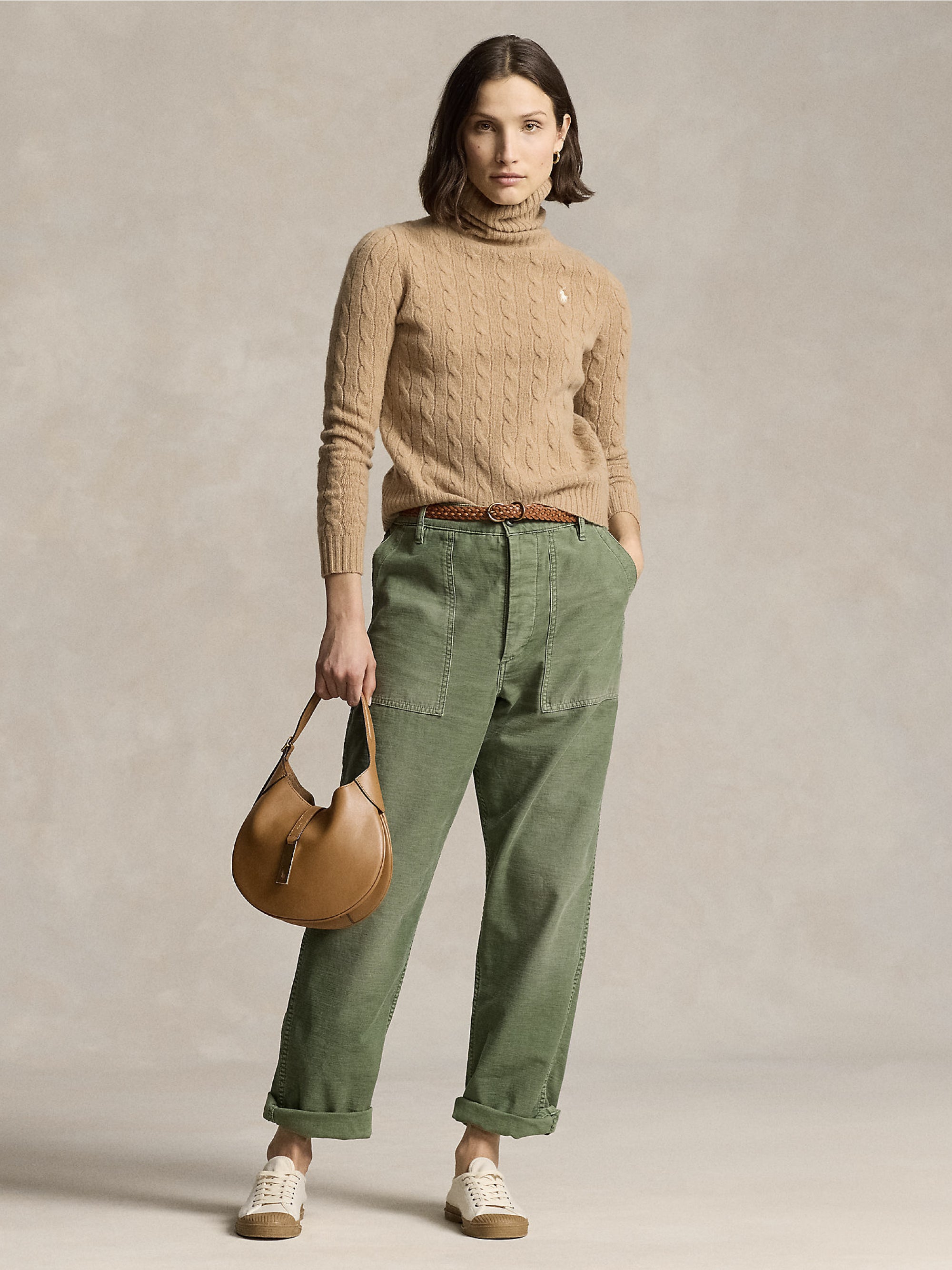 Camel Cable Knit Turtleneck Sweater