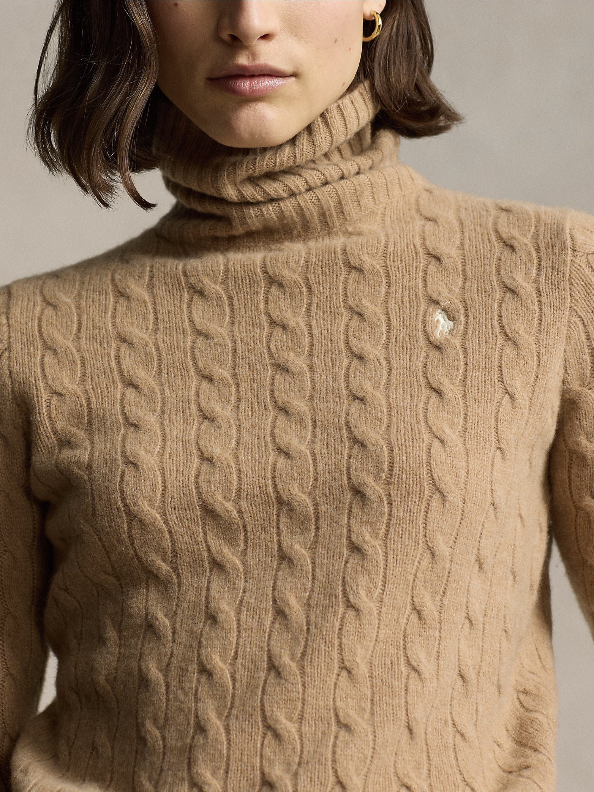 Camel Cable Knit Turtleneck Sweater