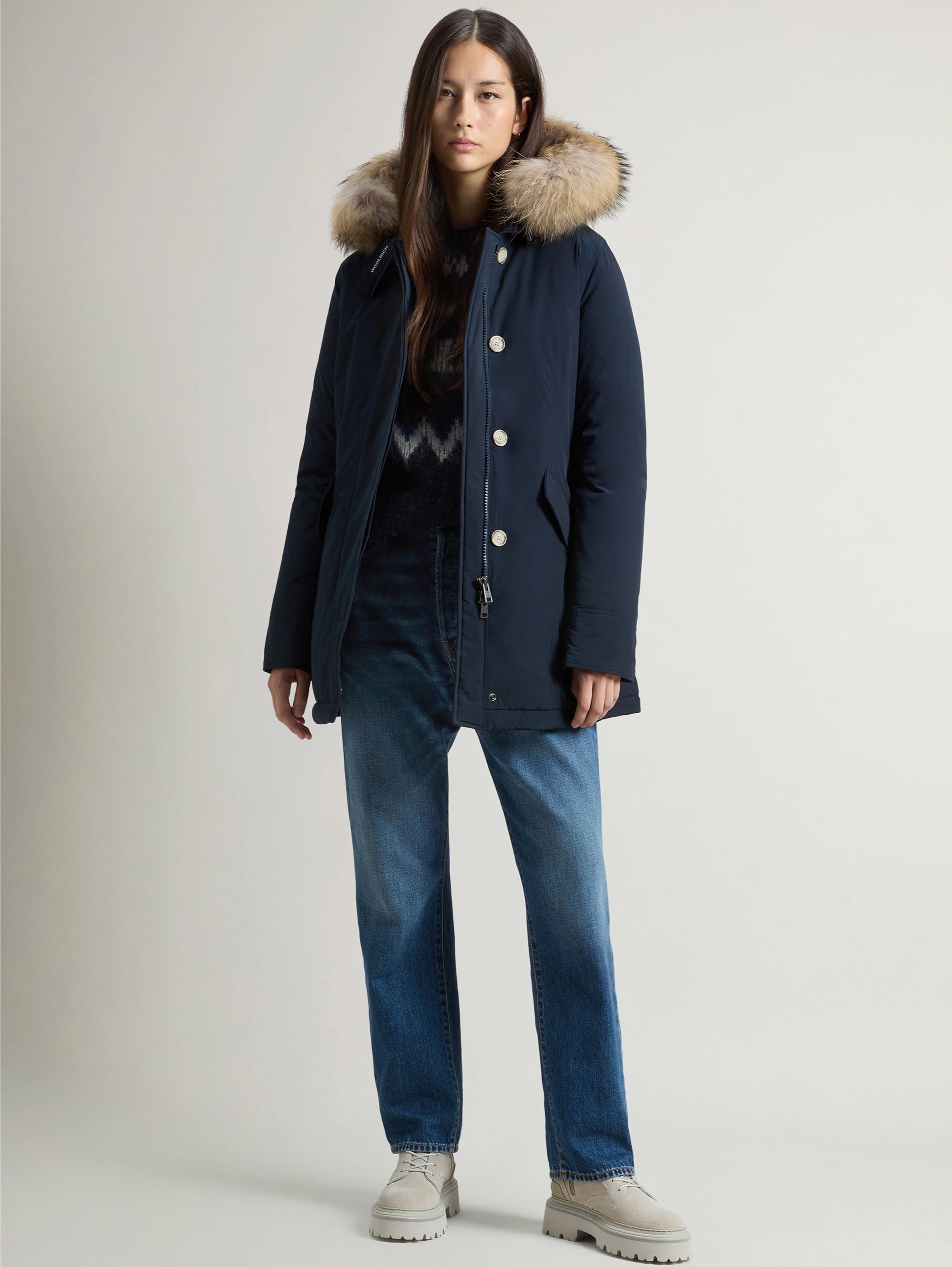 WOOLRICH-Giaccone Luxury Parka con Pelliccia Blu-TRYME Shop