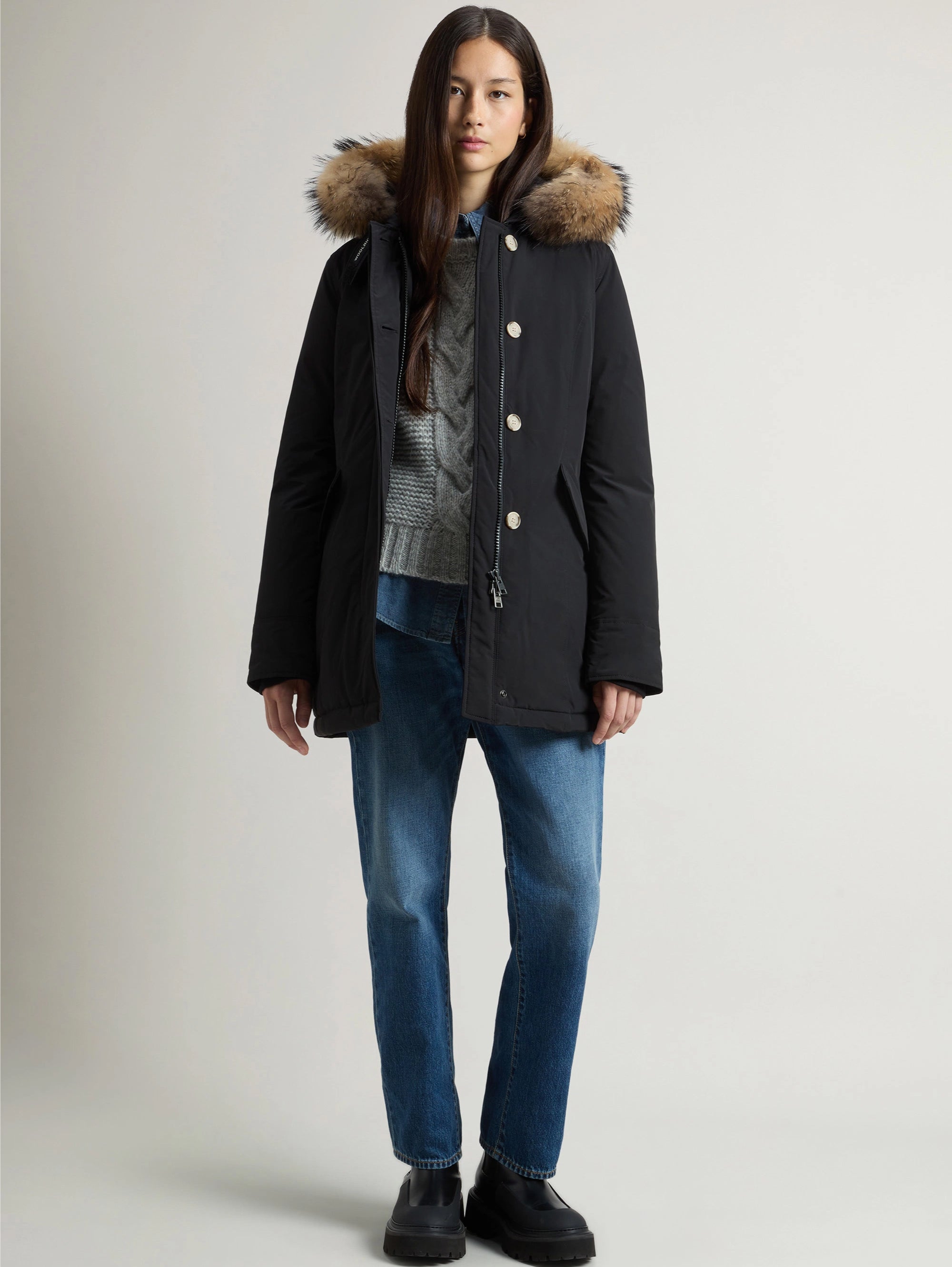 WOOLRICH-Giaccone Luxury Parka con Pelliccia Nero-TRYME Shop