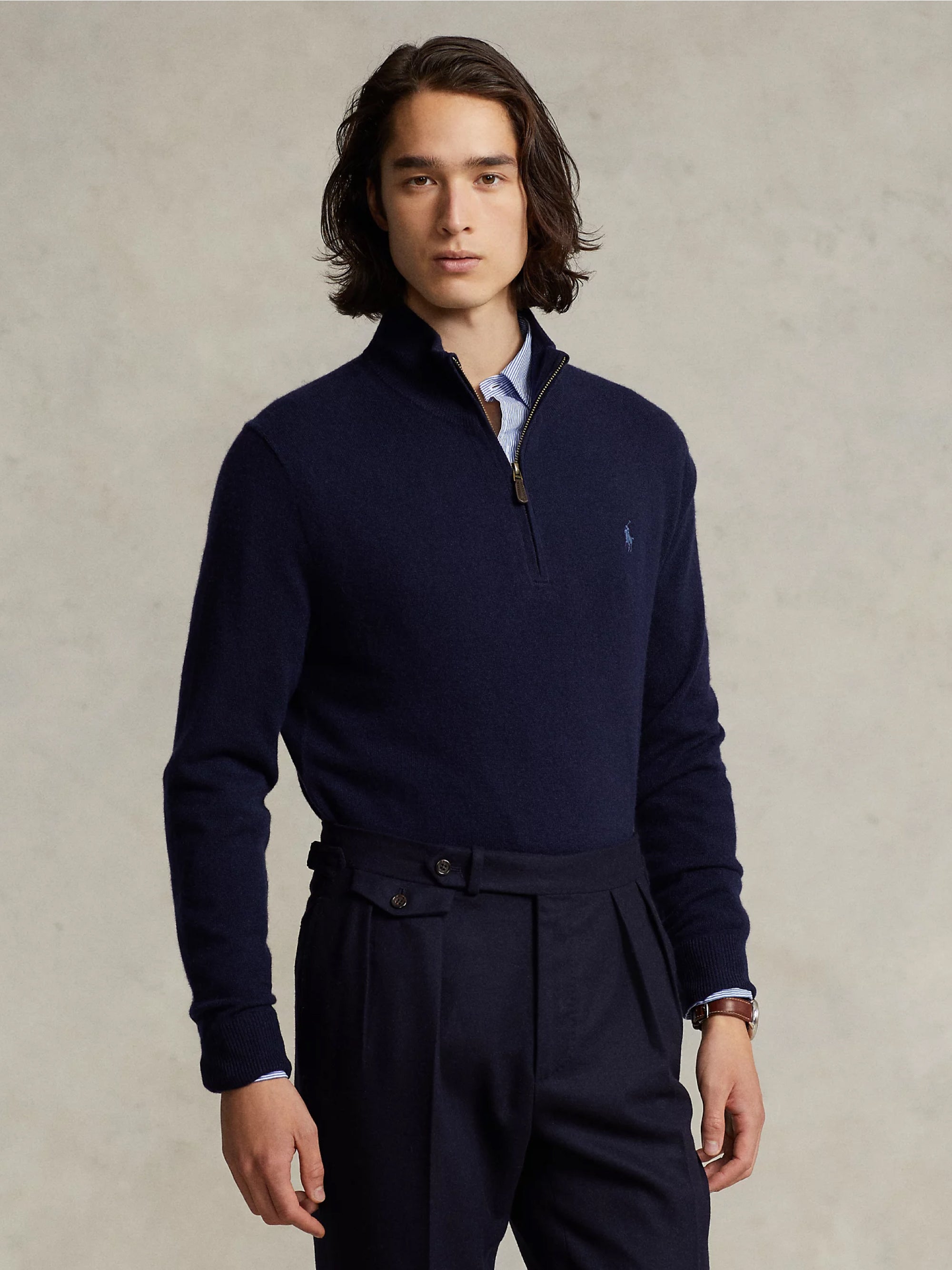 RALPH LAUREN-Maglia con Mezza Zip in Lana Blu-TRYME Shop