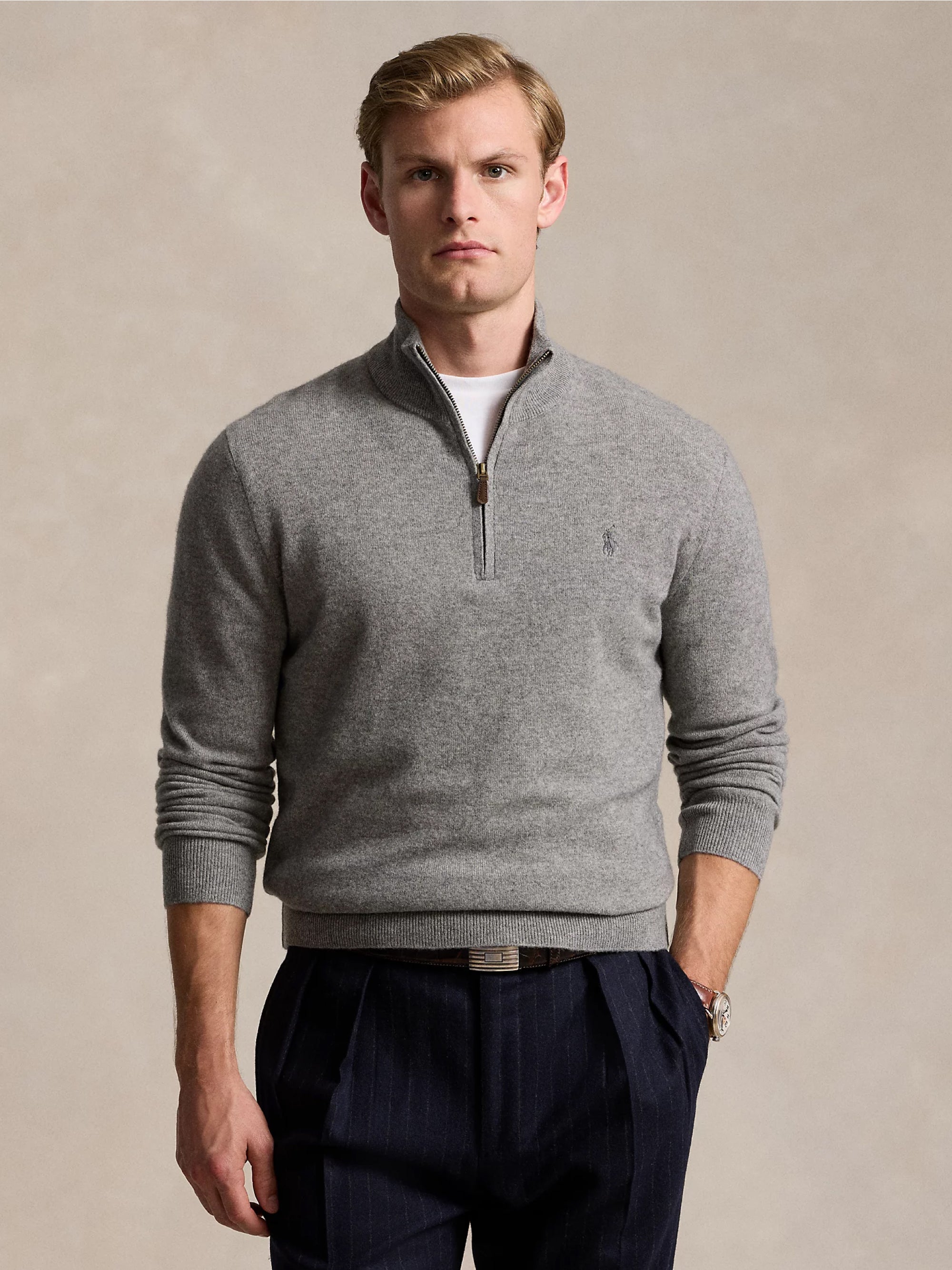 RALPH LAUREN-Maglia con Mezza Zip in Lana Grigio-TRYME Shop