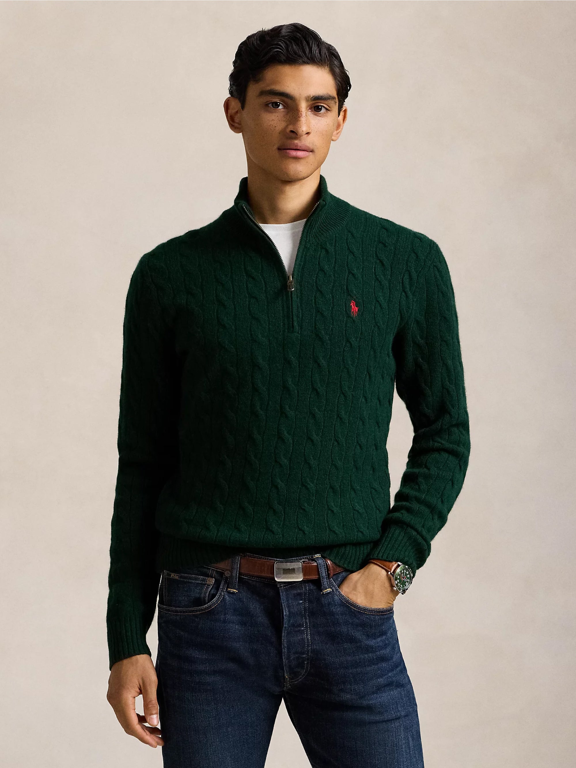 RALPH LAUREN-Maglia Mezza Zip a Trecce Verde-TRYME Shop