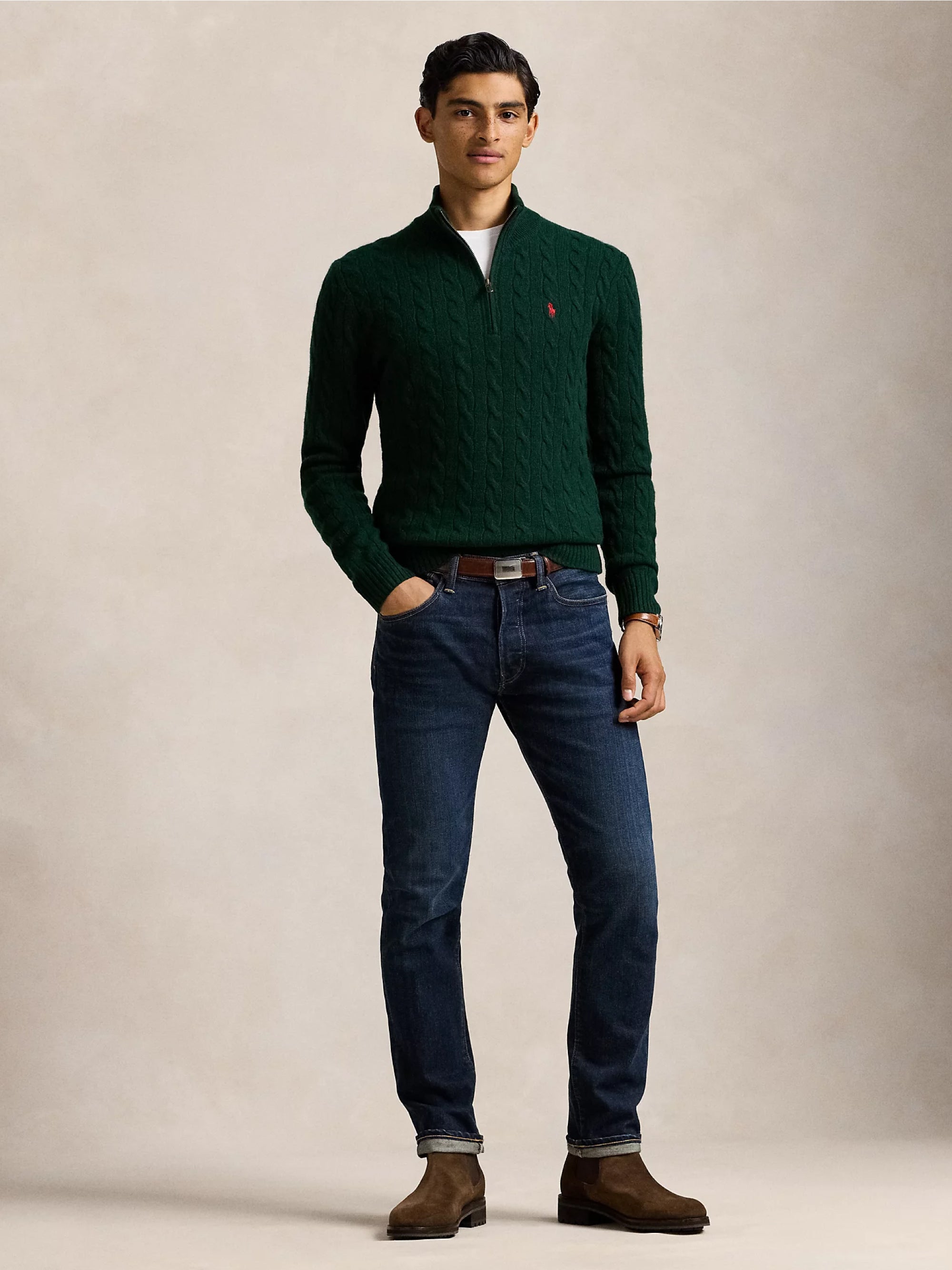 Green Cable Knit Half Zip Sweater