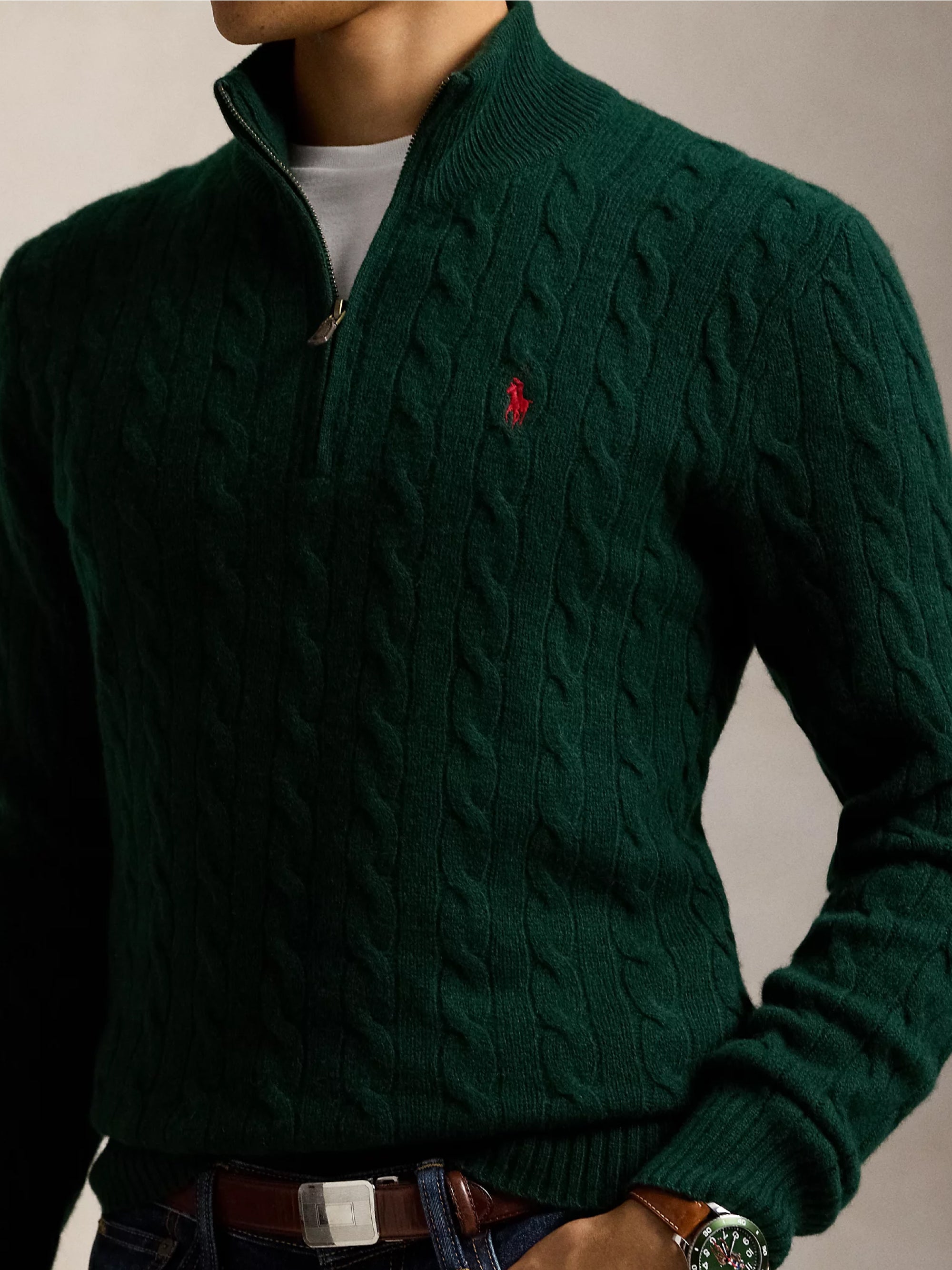 Maglia Mezza Zip a Trecce Verde