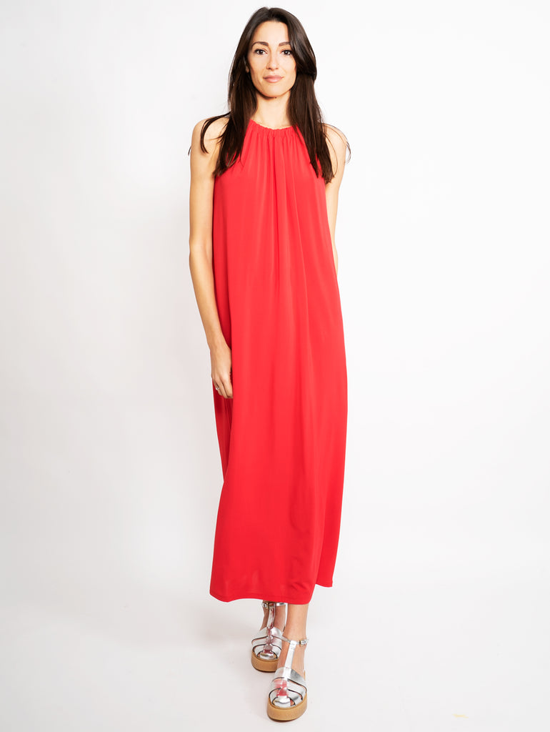 Abito midi svasato in tulle rosso, scollo all'americana –