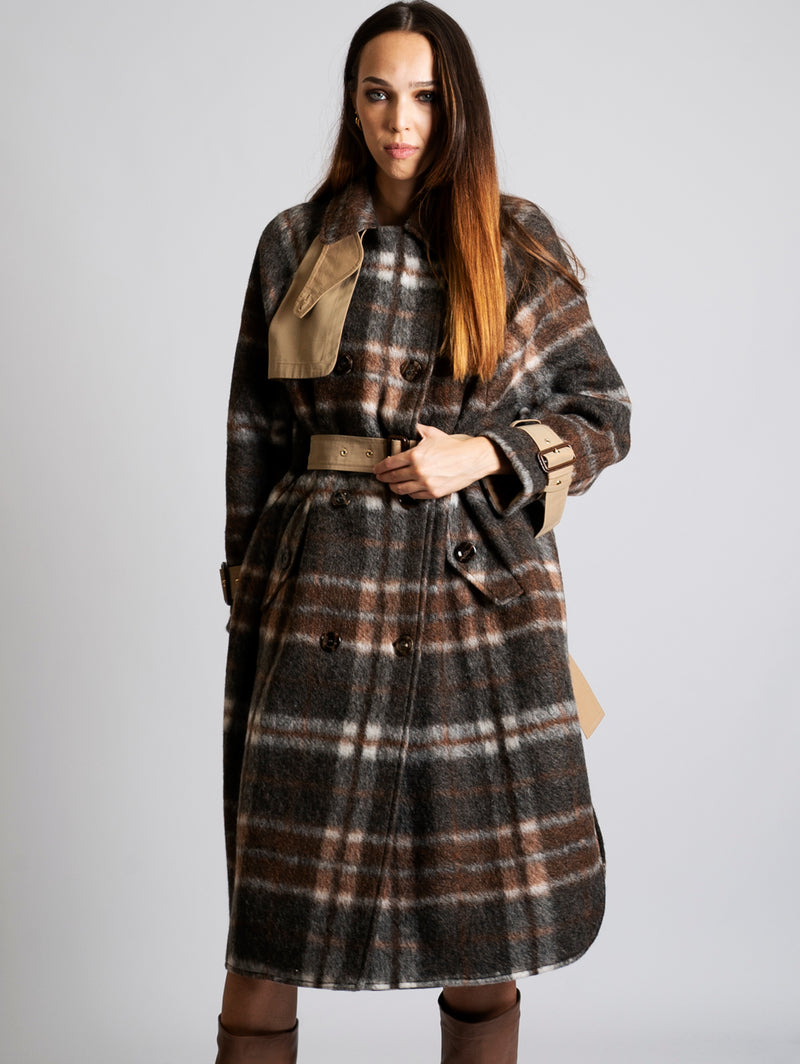 LOST IN ME - Double-Breasted Dark Check Trench Coat – TRYME Shop